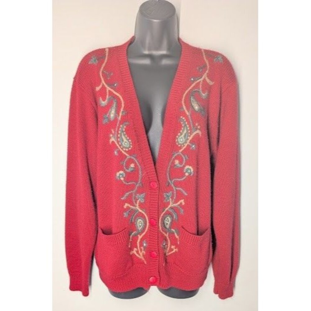 Vintage Country Suburbans Cardigan Sweater L Red Paisley Floral Cottagecore